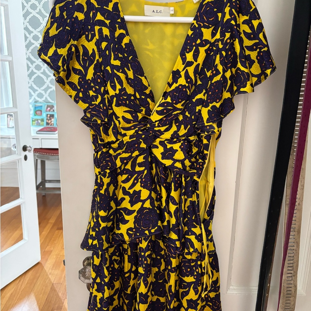 ALC Black and Yellow Ruffled Wrap Midi Dress